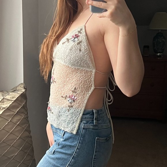 Vintage White Floral Beaded Halter Tie Open Back Top - Picture 3 of 9